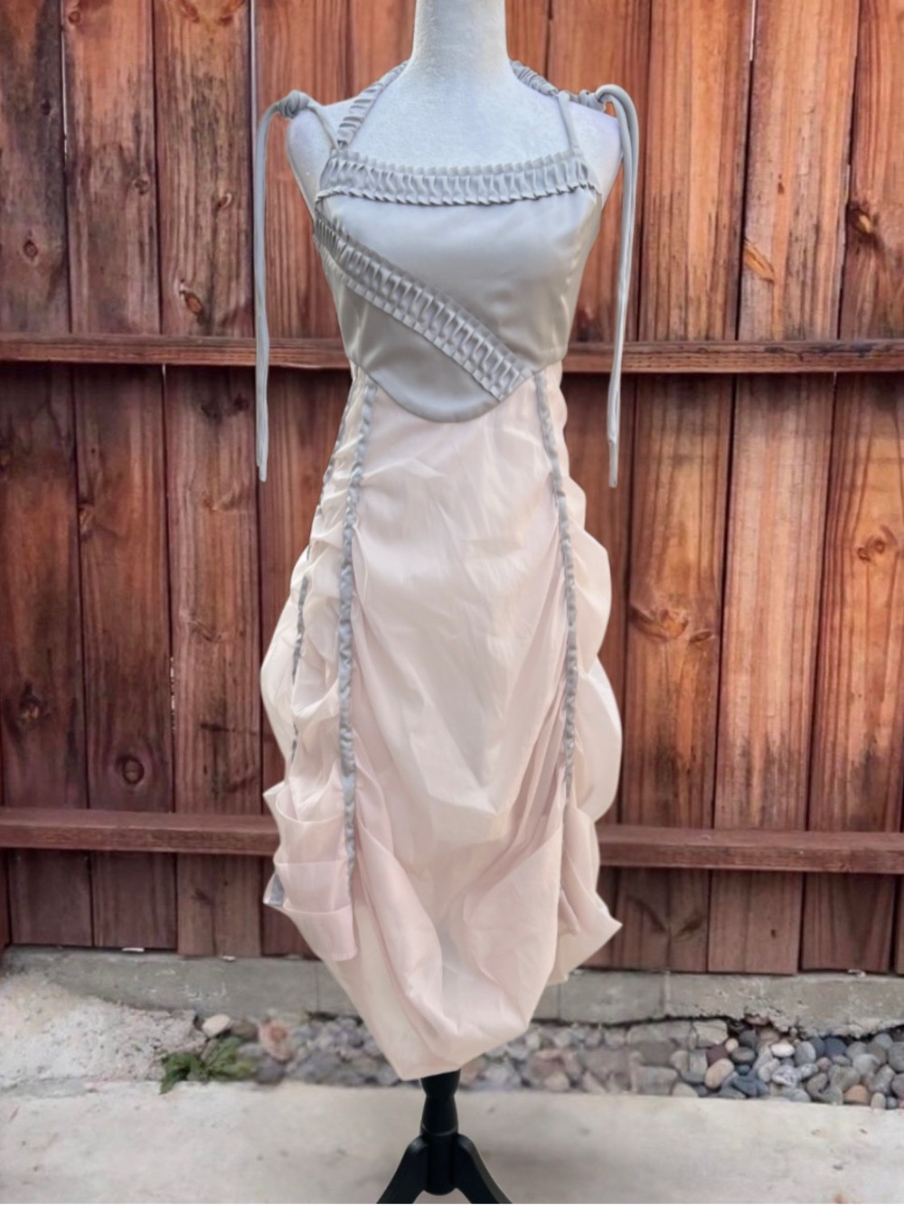 Mundi Two-Tone Light Gray and Pale Pink Ruffled Midi Dress